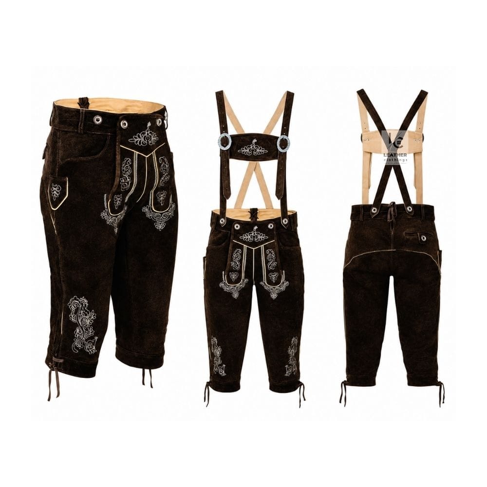 Midnight Alpine suede Bundhosen with Baroque vine embroidery and matching embroidered suspenders