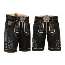 Black suede lederhosen shorts with Blue Crest floral embroidery and engraved leather belt