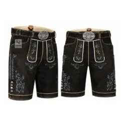 Black suede lederhosen shorts with Blue Crest floral embroidery and engraved leather belt