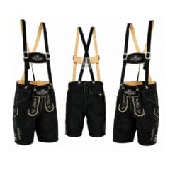 Mountain Crest suede lederhosen with Noble Scroll embroidery and matching embroidered suspenders