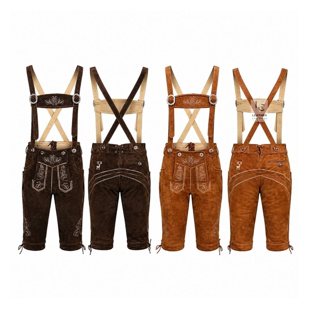 Oktoberfest Bundhosen with Crown Vine embroidery shown in dark brown and tan suede color options with matching suspenders