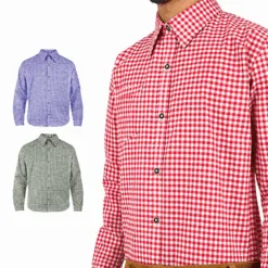 Men's Trachten shirt available in red, blue, and green checkered color options for Lederhosen and Oktoberfest wear.