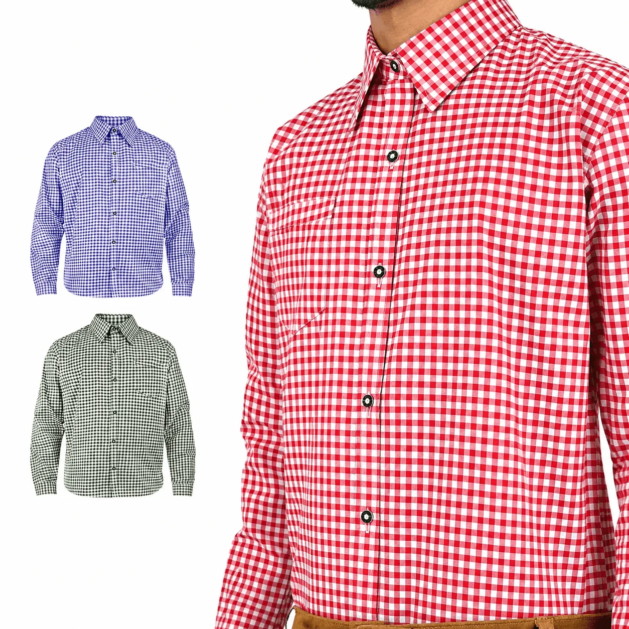 Men's Trachten shirt available in red, blue, and green checkered color options for Lederhosen and Oktoberfest wear.