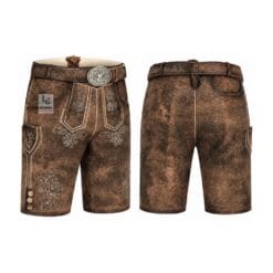 Rustic Brown Suede Lederhosen with Imperial Scroll Embroidery Front and Back View