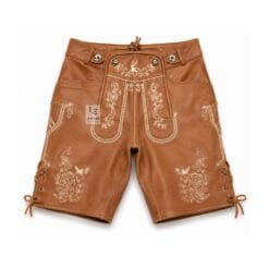 Saddle Brown Leather Lederhosen with Stag Rose Embroidery Front View