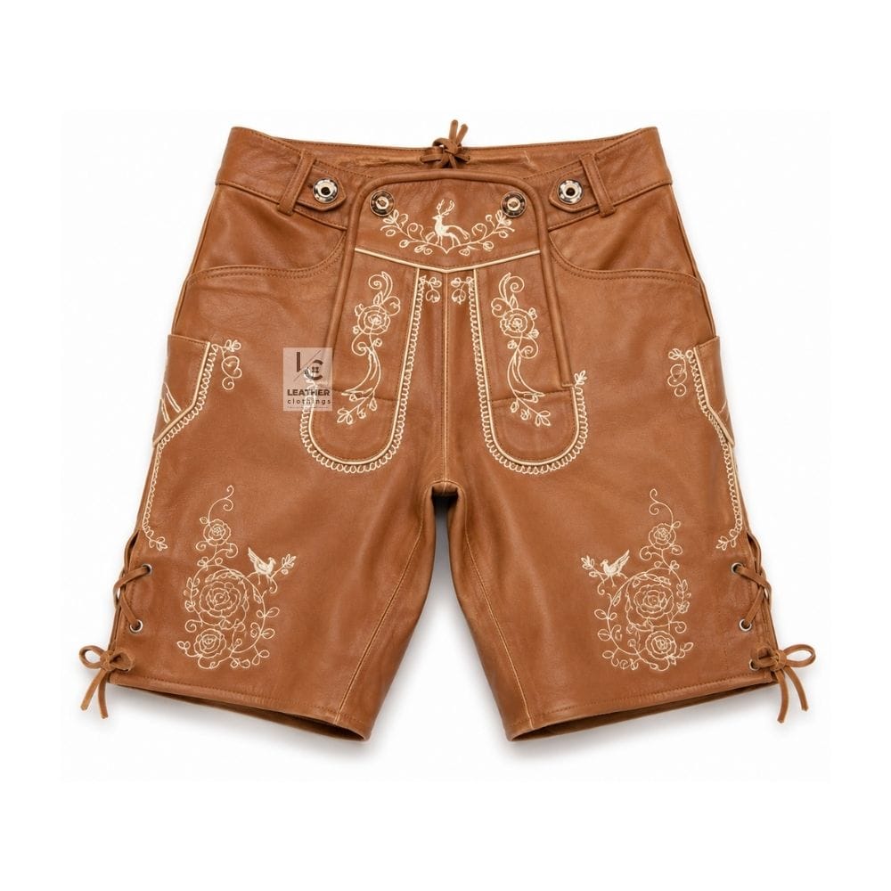 Saddle Brown Leather Lederhosen with Stag Rose Embroidery Front View