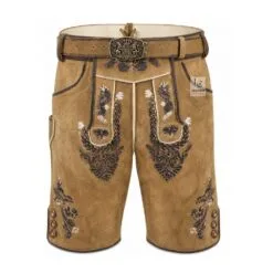 Sandstone Suede Lederhosen with Royal Acorn Embroidery and Matching Belt