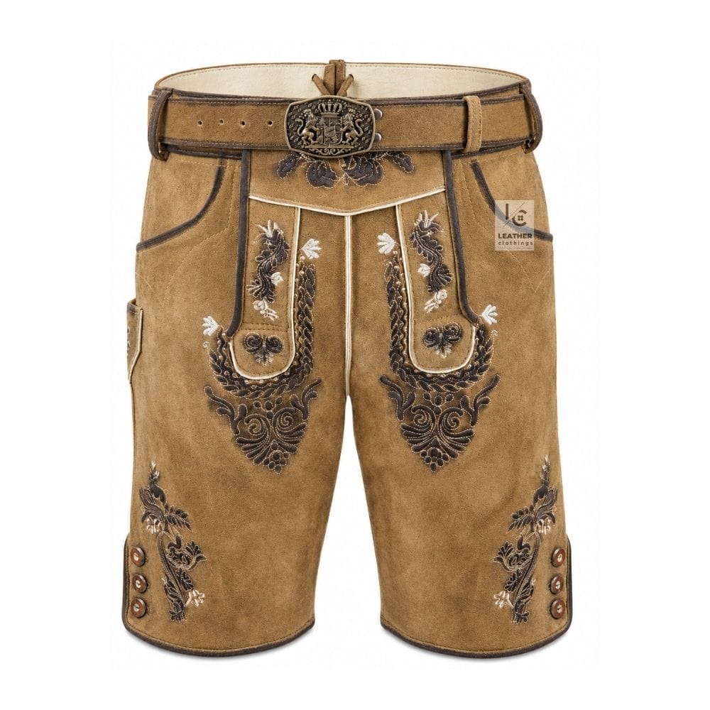 Sandstone Suede Lederhosen with Royal Acorn Embroidery and Matching Belt