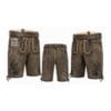 Distressed grey suede lederhosen shorts with Shadow Antler embroidery and engraved leather belt