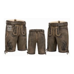 Distressed grey suede lederhosen shorts with Shadow Antler embroidery and engraved leather belt