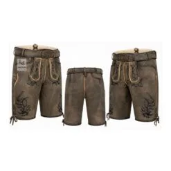 Distressed grey suede lederhosen shorts with Shadow Antler embroidery and engraved leather belt