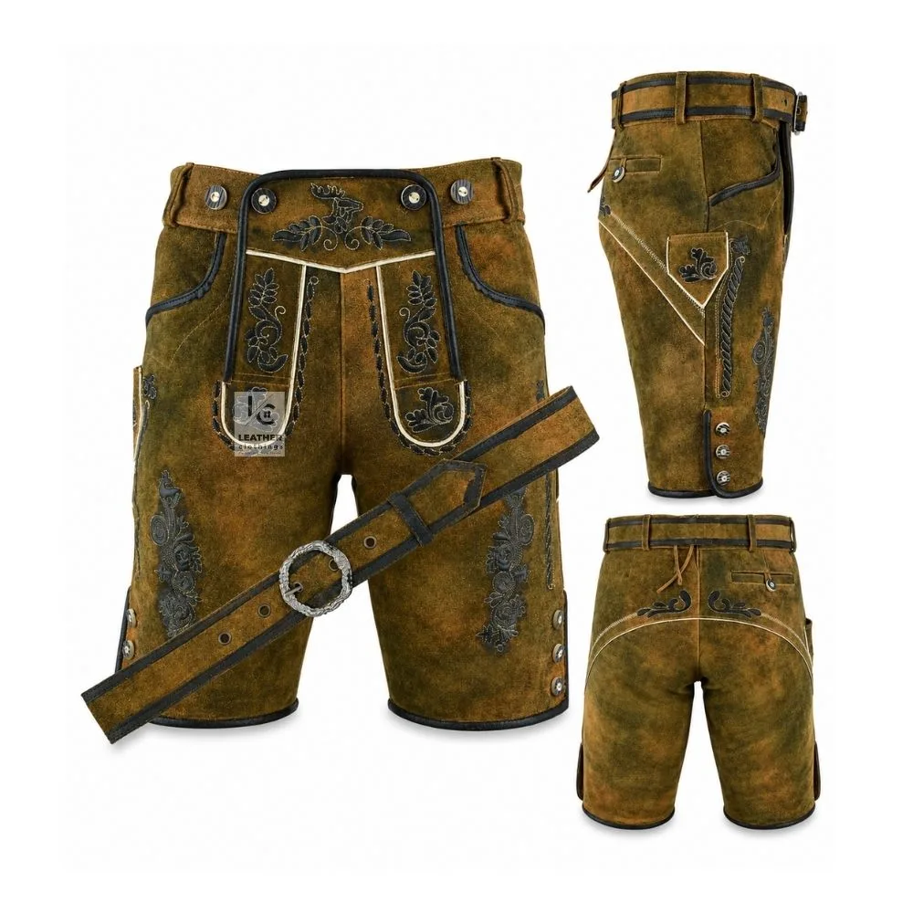 Vintage Moss Suede Lederhosen with Oak Leaf Scroll Embroidery and Matching Belt