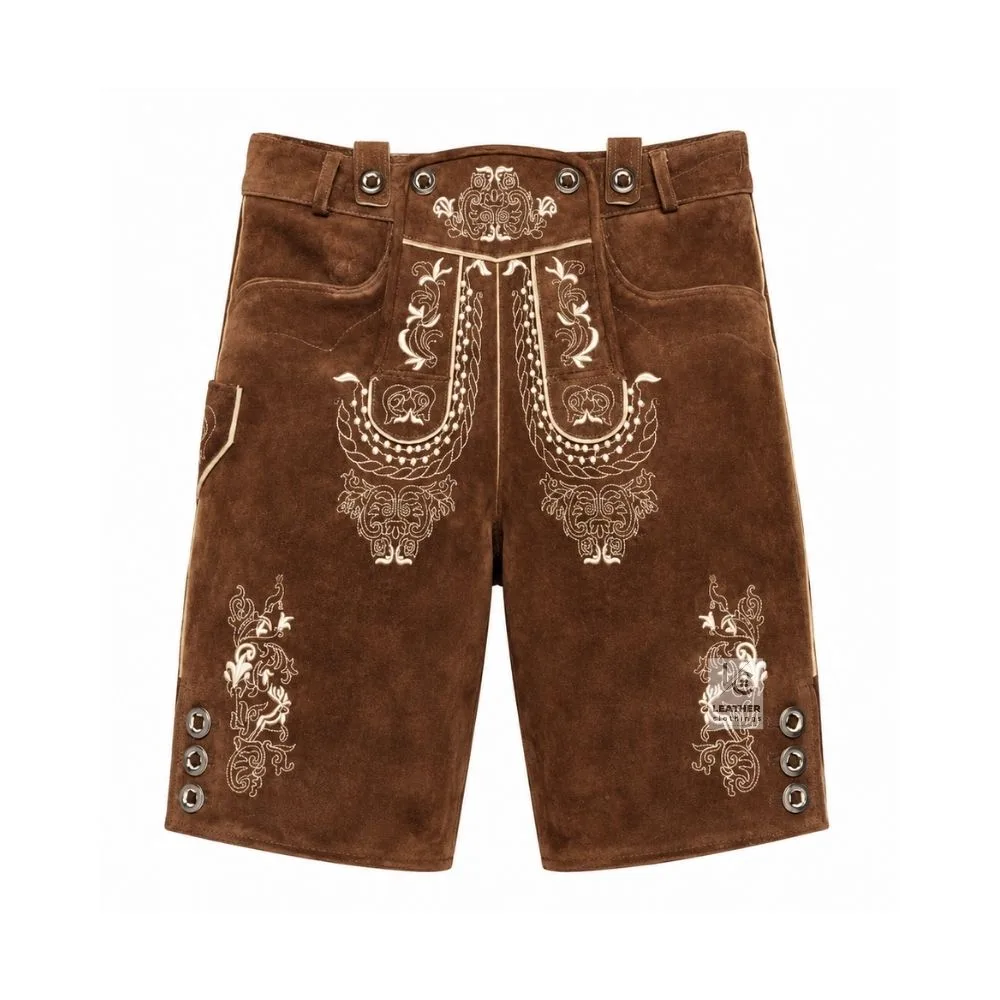 Walnut Suede Lederhosen with Regal Filigree Embroidery Front and Back View