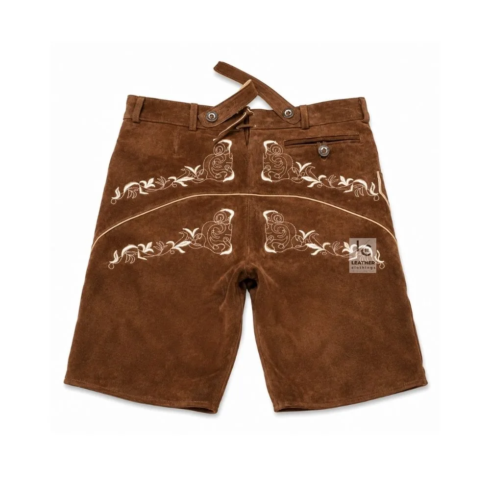 Walnut Suede Lederhosen with Regal Filigree Embroidery Front and Back View