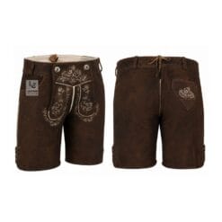 Dark brown suede lederhosen shorts with Wildflower Vine floral embroidery