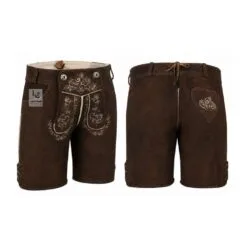 Dark brown suede lederhosen shorts with Wildflower Vine floral embroidery