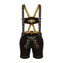 Women's Black Lederhosen with Alpine Wildflower Embroidery and Matching Suspenders