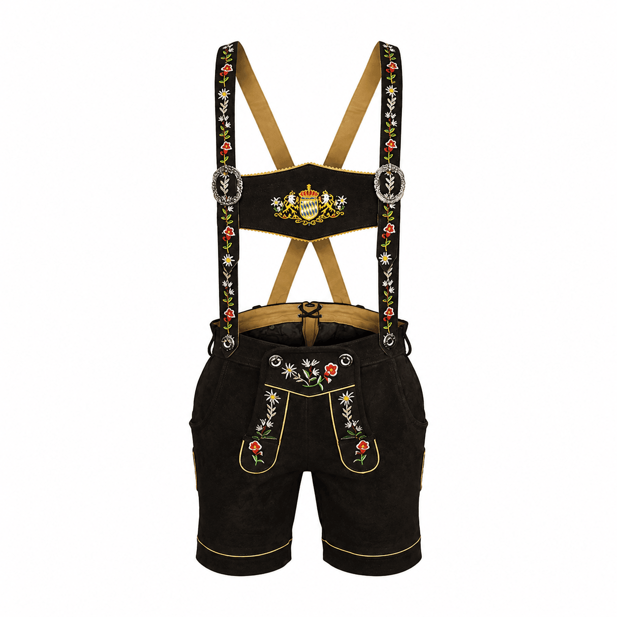 Women's Black Lederhosen with Alpine Wildflower Embroidery and Matching Suspenders