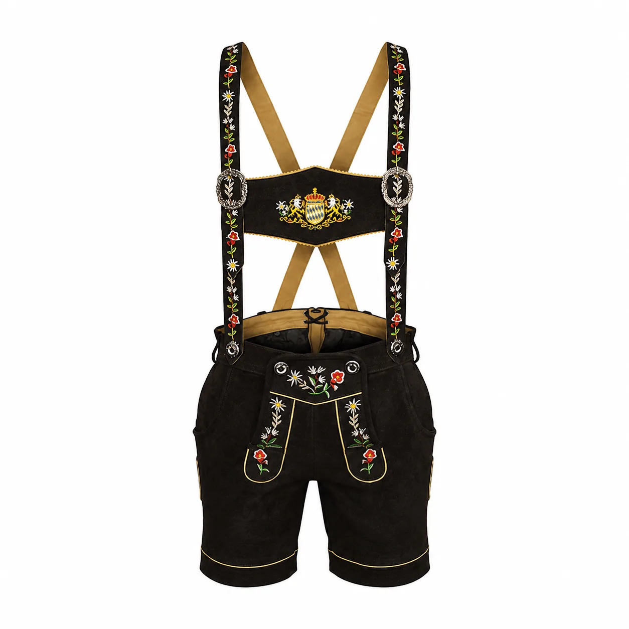 Women's Black Lederhosen with Alpine Wildflower Embroidery and Matching Suspenders
