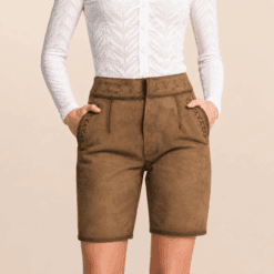 Women's Classic Brown Lederhosen in genuine suede leather with engraved vine detailing