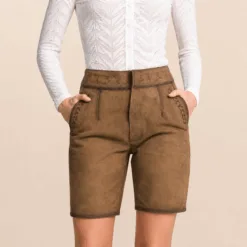 Women's Classic Brown Lederhosen in genuine suede leather with engraved vine detailing