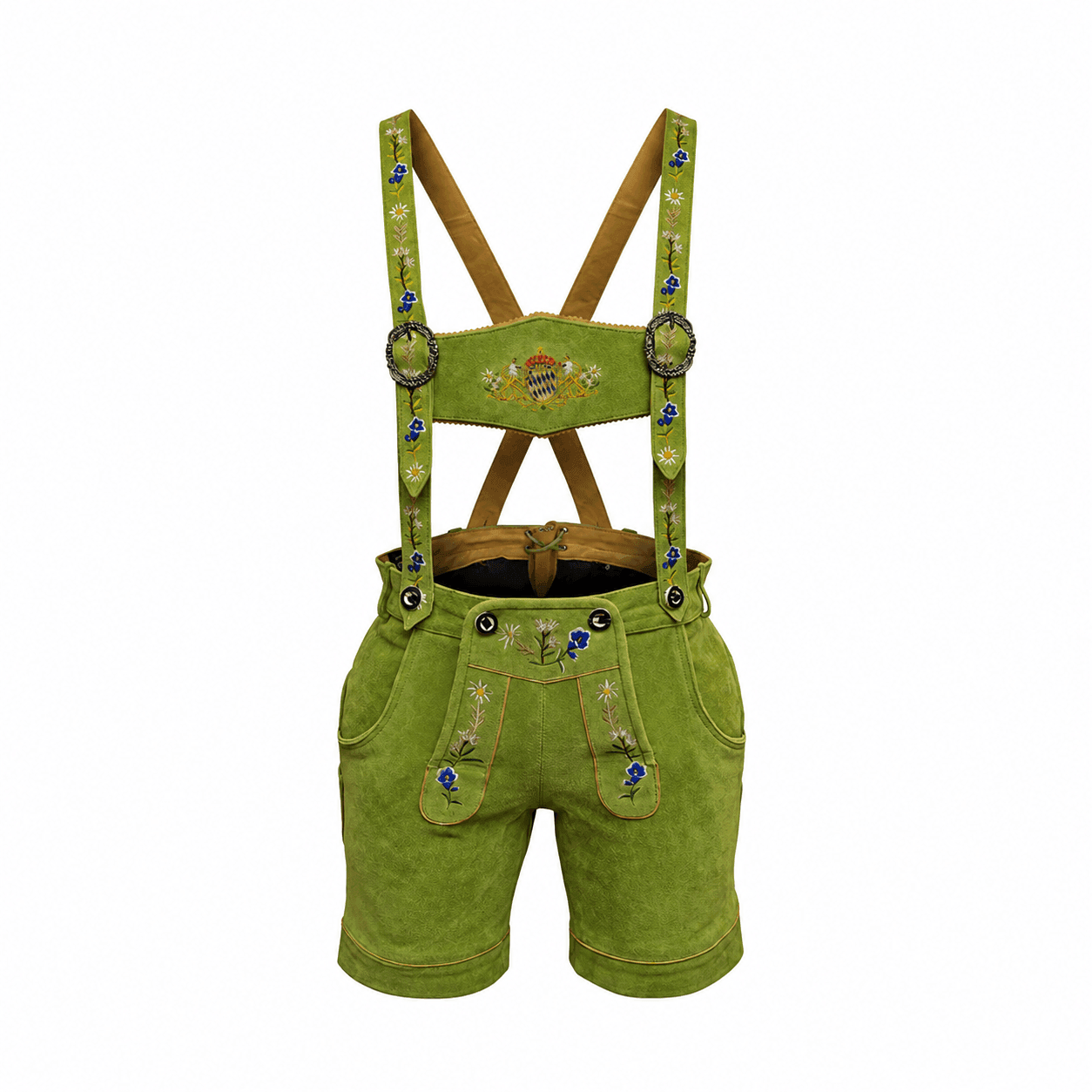 Women's Lime Green Lederhosen with Alpine Bluebell Embroidery and Matching Suspenders