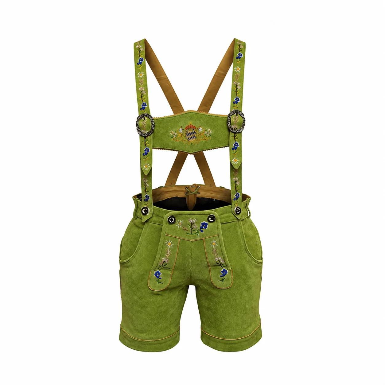 Women's Lime Green Lederhosen with Alpine Bluebell Embroidery and Matching Suspenders
