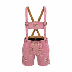 Women's Pink Lederhosen with Rose Blossom Embroidery and Matching Suspenders