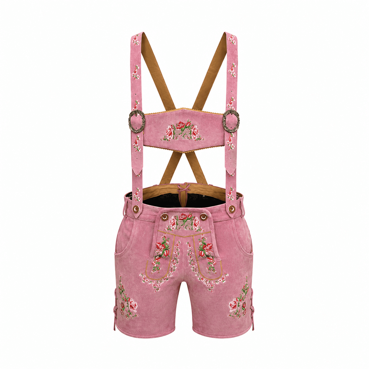 Women's Pink Lederhosen with Rose Blossom Embroidery and Matching Suspenders