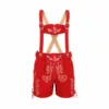Women's Red Lederhosen with Oak Leaf Embroidery and Matching Suspenders
