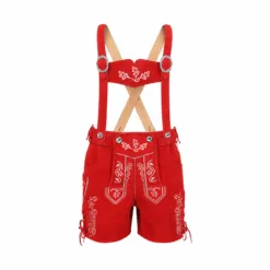 Women's Red Lederhosen with Oak Leaf Embroidery and Matching Suspenders