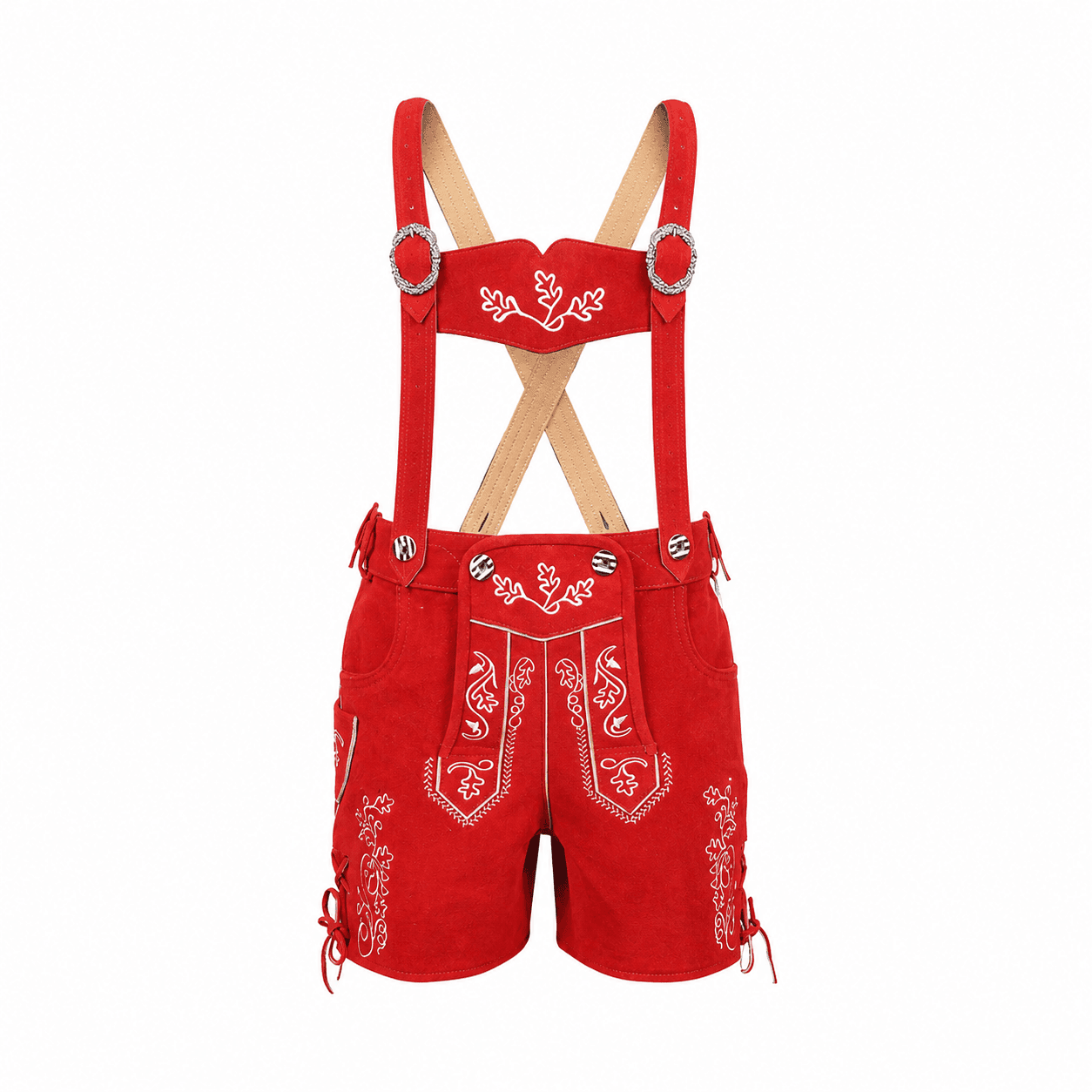 Women's Red Lederhosen with Oak Leaf Embroidery and Matching Suspenders