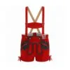 Women's scarlet suede lederhosen shorts with black Alpine Oak Leaf appliqué and adjustable suspenders