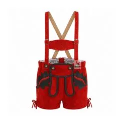 Women's scarlet suede lederhosen shorts with black Alpine Oak Leaf appliqué and adjustable suspenders