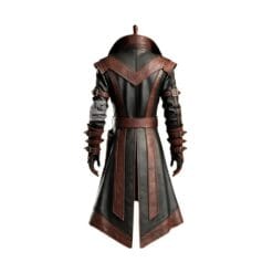 Men’s black and brown leather gothic trench coat with buckle straps back view