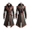 Men’s black and brown leather gothic trench coat with buckle straps front and back view