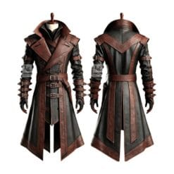 Men’s black and brown leather gothic trench coat with buckle straps front and back view