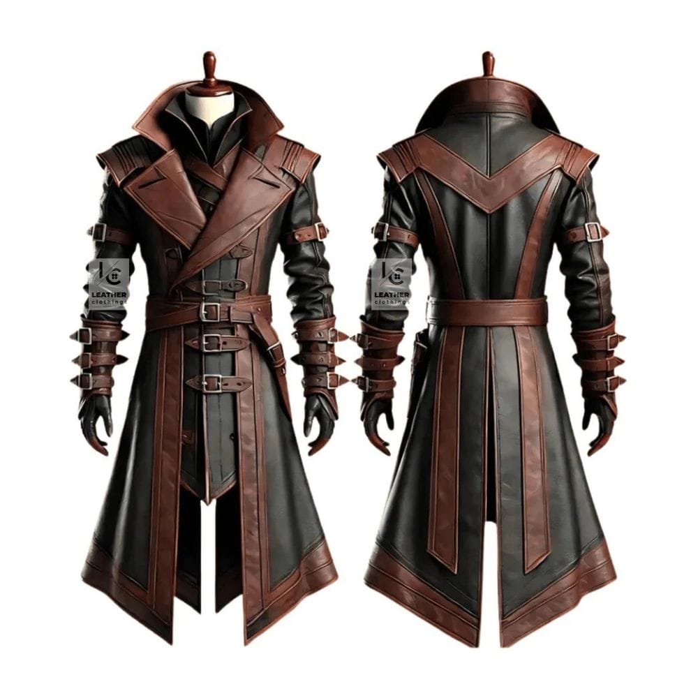 Men’s black and brown leather gothic trench coat with buckle straps front and back view