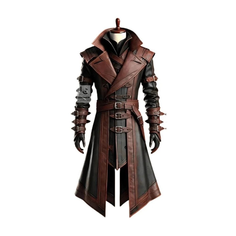 Men’s Black & Brown Leather Gothic Trench Coat with Buckle Straps - Image 3