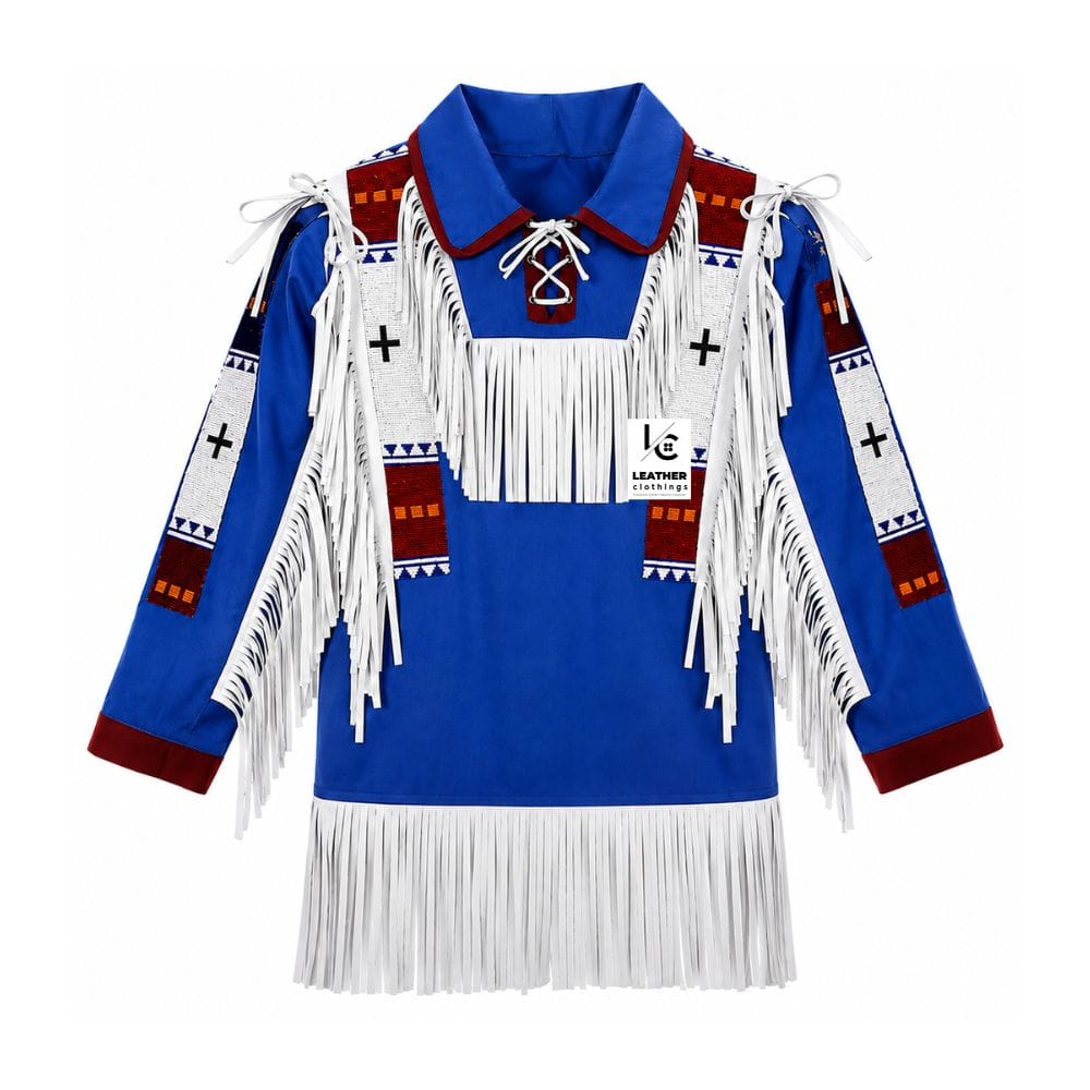 Men's Blue Cotton Western Fringe Shirt with Beaded Trim front view
