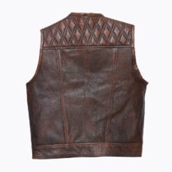 Men’s distressed brown leather biker vest with diamond-quilted yoke and paisley lining