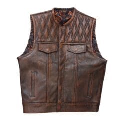 Alternative view of Men’s Distressed Brown Leather Biker Vest with Quilted Yoke & Paisley Lining