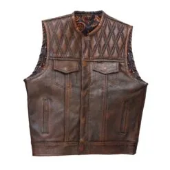 Alternative view of Men’s Distressed Brown Leather Biker Vest with Quilted Yoke & Paisley Lining