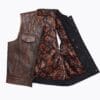 Men’s distressed brown leather biker vest with diamond-quilted yoke and paisley lining