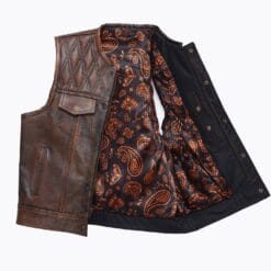 Men’s distressed brown leather biker vest with diamond-quilted yoke and paisley lining