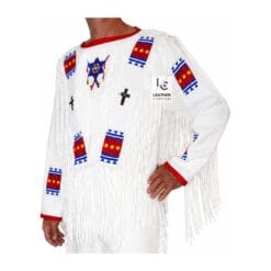 Men’s Native American style cotton fringe shirt and pants with colorful beadwork