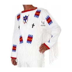 Men’s Native American style cotton fringe shirt and pants with colorful beadwork